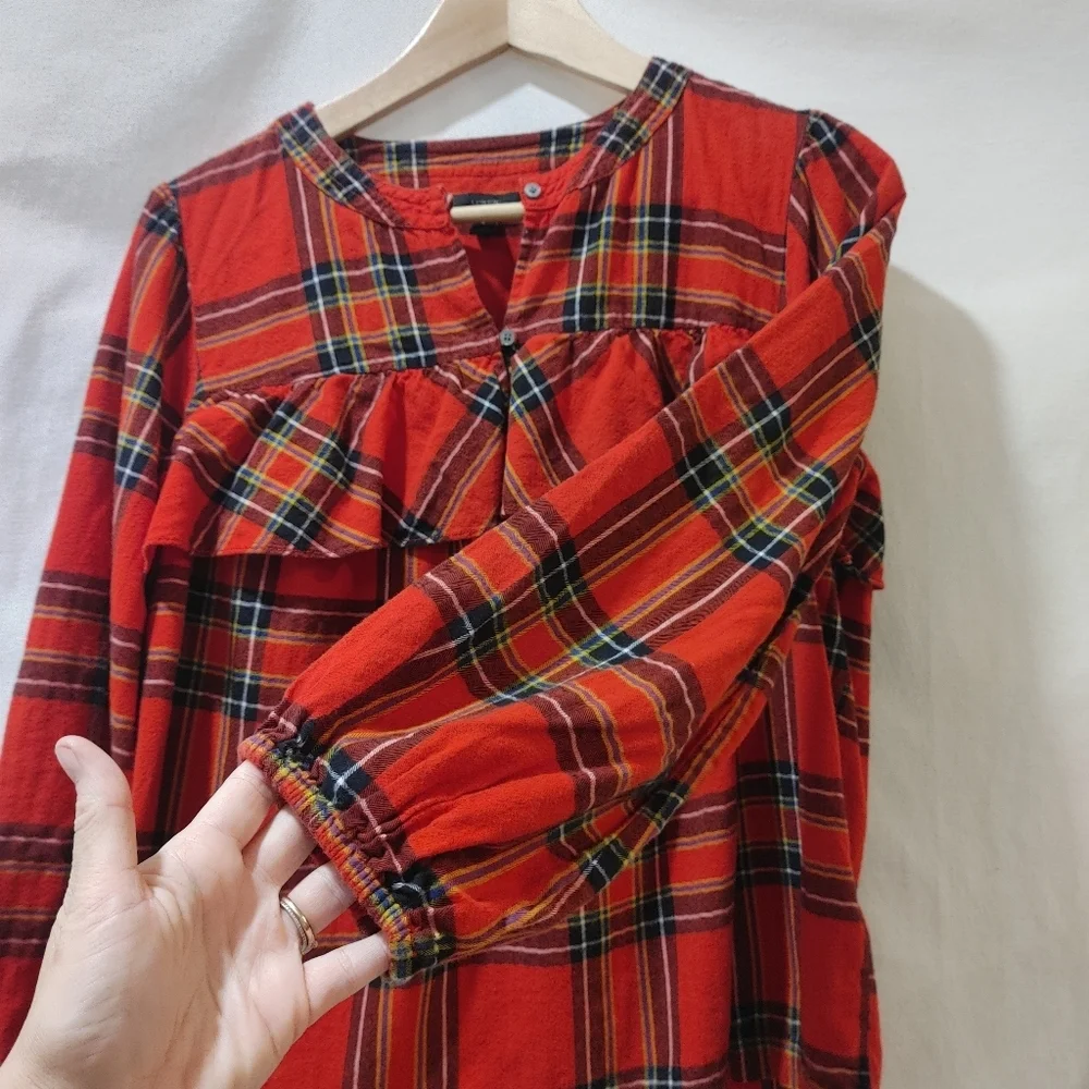 J. Crew Ruffle‎ Red Tartan Plaid Popover Cotton Flannel Shirt Small S H5198